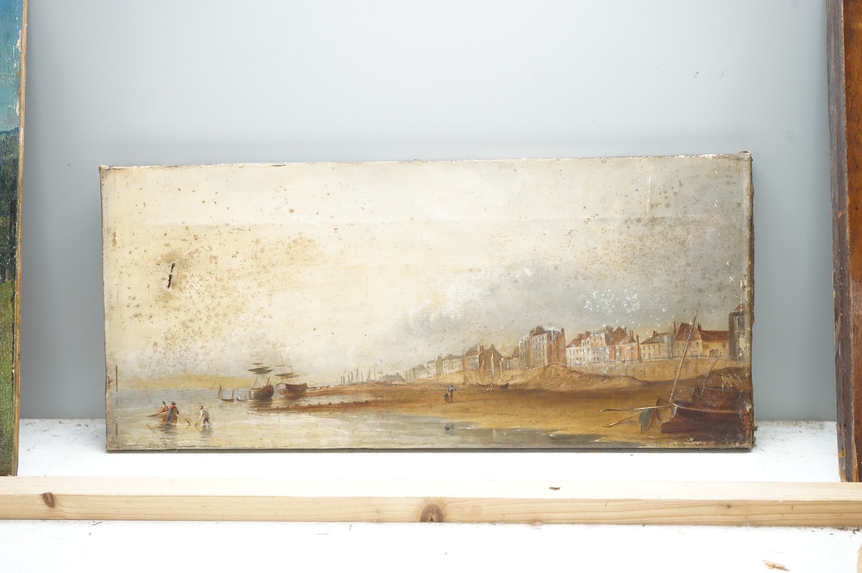 E. Fox, oil on canvas, English coastal view, possibly Brighton, 20 x 44cm, unframed, rip to canvas
